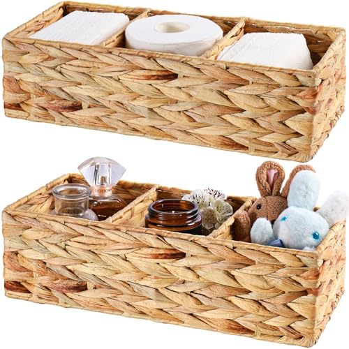 Vagusicc 3 Section Wicker Storage Basket, Hand-Woven Water Hyacinth Storage Baskets, Wicker Baskets for Storage, Toilet 