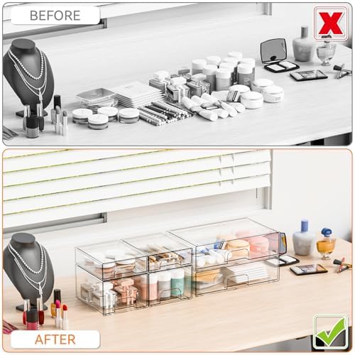 Yieach Clear Stackable Storage Drawers - Set of 6 - Acrylic Drawers,Bathroom Organizer Bin and Plastic Makeup Organizer,