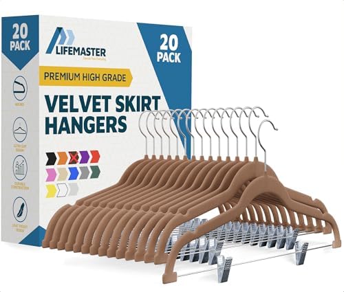 Lifemaster Velvet Skirt Hangers – with Adjustable Clips, 360 Degree Swivel Hook, and Non-Slip Shoulder Notch, Holds Up to 10 lbs, for Organizing Skirt, Pants, Dress, and Clothes, Pack of 20, Brown