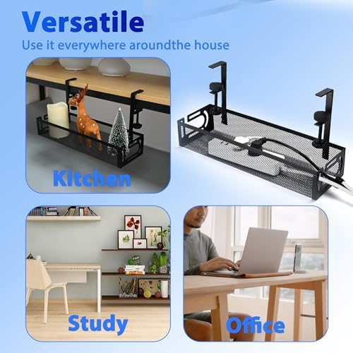 Under Desk Cable Management Tray Small – Clamp-Mounted Wire Organizer & Cord Management Under Desk Rack, No-Drill Metal 