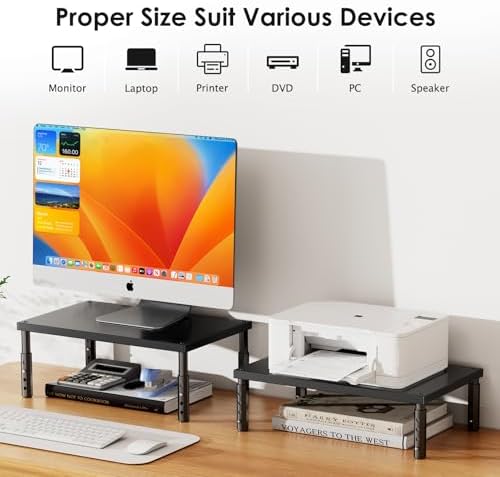 ECOLOVI Adjustable Wood Computer Monitor Stand Riser, Office Desk Organizer and Accessories for Monitor, Laptop, PC, Pri