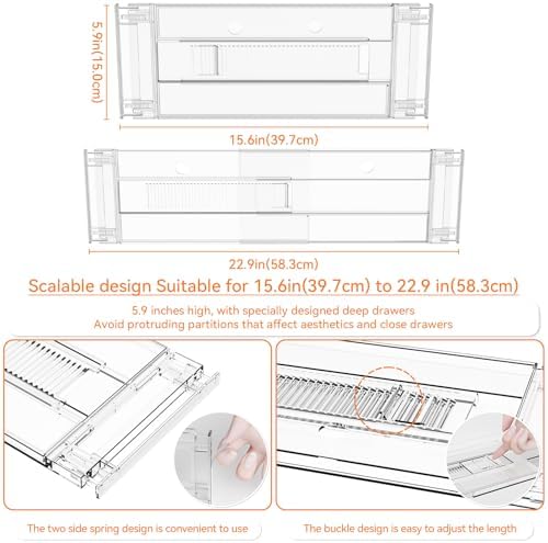 Yieach 8 Pack Clear Acrylic Drawer Divider 6 Inch High,Expandable from 14-20'',Adjustable Dresser Drawer Dividers for Ba