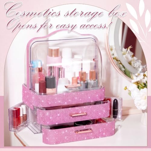 Honeydak Rhinestone Makeup Organizer with 2 Drawers Lid, Pink, Rhinestone