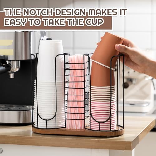 Geelin 18oz Adjustable Coffee Cup Dispenser with Wooden Base, Cup and Lid Holder, Cups Holder Organizer for Coffee Pod S