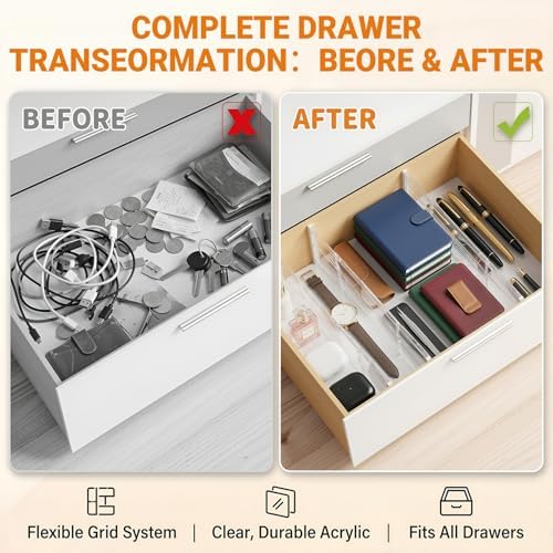 5 Pack 5.9 Inch Tall Clear Drawer Dividers, Adjustable Drawer Dividers for Clothes, 12.2"–20" Expandable Plastic Drawer 