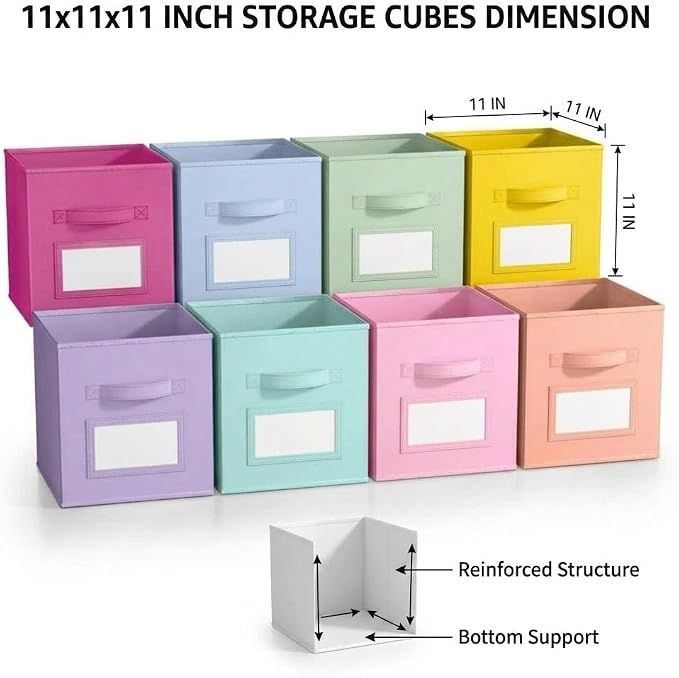 Lourome 11 Inch Cube Storage Bin with Label Window,8 Pack 8-Color Collapsible Storage Bins for Closet Organizers and Storage, Fabric Foldable Storage Cubes for Kids Room & Shelves