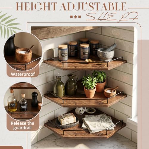 Novabright Corner Floating Shelf Set of 3 Rustic Brown Wood 12 Inches