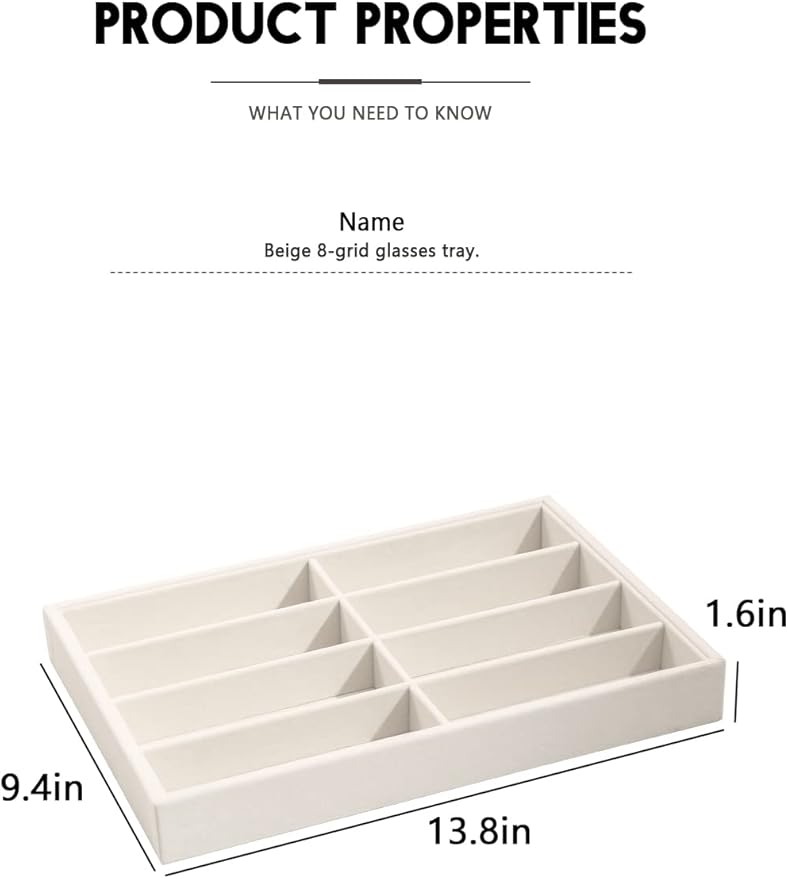 Coward Sunglass Organizer, Beige Velvet Glasses Trays - Eyeglasses Watches Jewelry Display - Men Women (8 Grids)