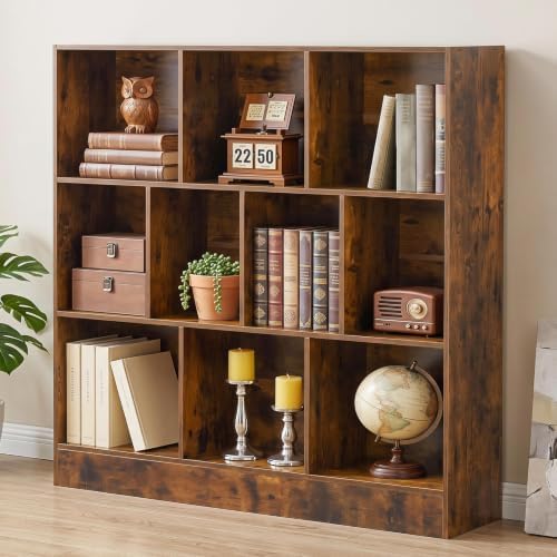 YAHARBO 3 Tier 10 Cube Long Horizontal Bookshelf, Under Window Shelf,White