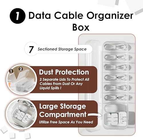 Data Cable Organizer Box Wire Organizer 7 Compartments Desk Organizer Storage Box for USB Cord Sorter, Charger, Office S