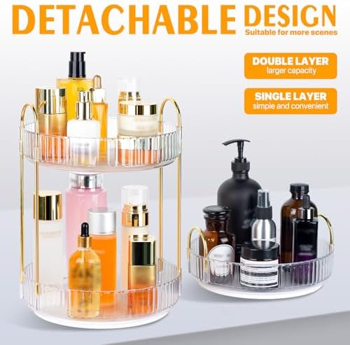 360 Spinning Makeup Organizer, Rotating Bathroom Makeup Holder Rack, Large Capacity Cosmetic Carousel Storage with 2 Tie