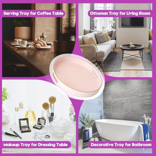 Gifturbo Matte Pink Decorative Serving Tray,Round Serving Trays with Handles, Coffee Table Tray Ottoman Round Plastic Tr