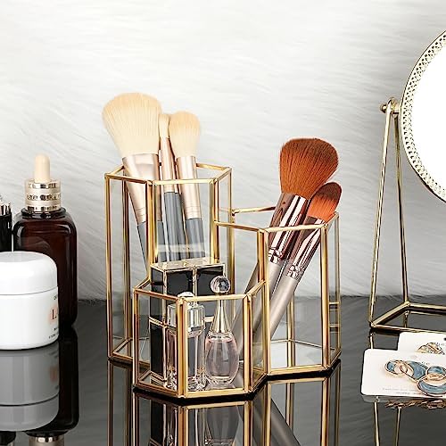 Hipiwe Glass Makeup Brush Holder 3 Slot Gold Desktop Pen Pencil Pot Cup