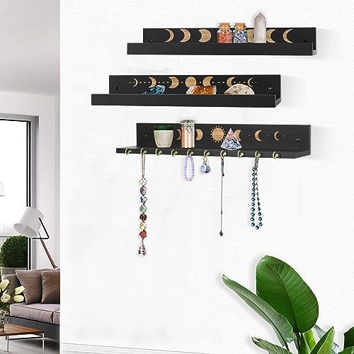 Crystal Shelf with Hooks Set of 3, Moon Shelf Display Wall Mount, Wood Floating Shelves for Celestial Decor and Room Dec