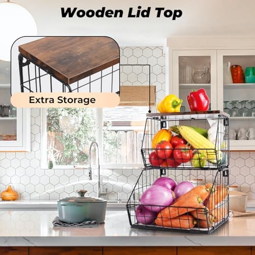 Wawocs 2 Tier Stackable Wall Mounted Hanging Basket, Fruit Basket for Kitchen Counter, Storage Bin with Wood Lid, Onion 