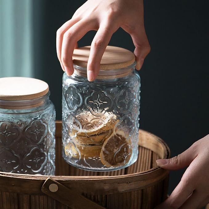 ANSQU Vintage Glass Jar with Bamboo Lid, 23.7 oz Decorative Jar, Cute Jar | Glass Storage Container with Lid, Airtight storage for coffee, tea, sugar, snacks and more.