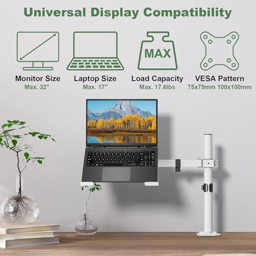 UPGRAVITY White Laptop Desk Mount with Vented Tray for Notebook up to 17 inch, Fully Adjustable Single Laptop Arm Stand 