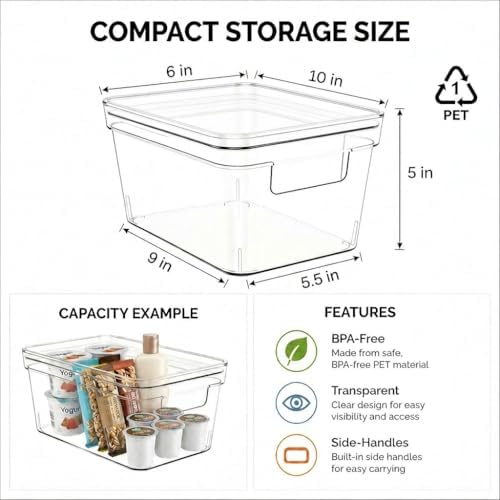 MOONEDGE 2 Pack 10x6x5 Stackable Small Clear Storage Bins with Lids