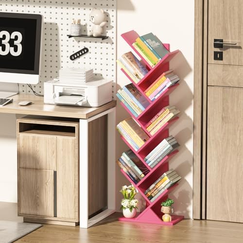 10 Tier Tree Book Shelf, Floor Standing Wood Bookshelf for Narrow Space