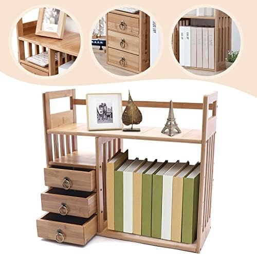 Bamboo Desk Book Shelf,Desktop Bookshelf Storage Rack Tabletop Standing Organizer Bookshelf with 3 Drawers,Freestanding 