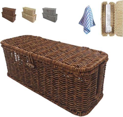 Handwoven Rattan Cable Management Box - Decorative Cord Organizer with Safety Lock, Large Boho Style Wire Hider for Desk