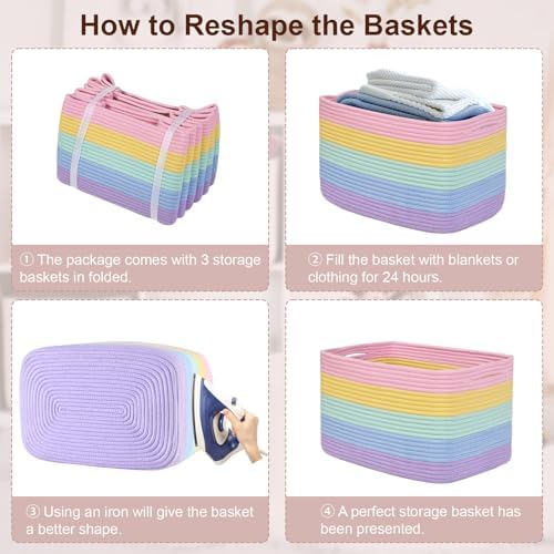Baskets for Organizing,Storage Baskets,3 Pack Baskets for Shelfves,15"×10"×9" Woven Rainbow Basket,toy storage bins,bins for organization