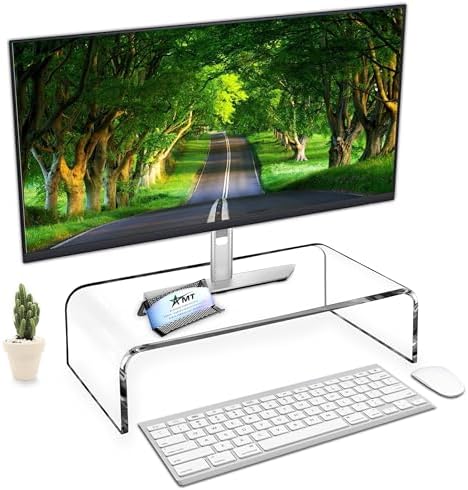 AMT 16 Inch Acrylic Laptop Monitor Stand, Computer Riser with Cat Keyboard Protector, Space-Saving Design, Extra Storage