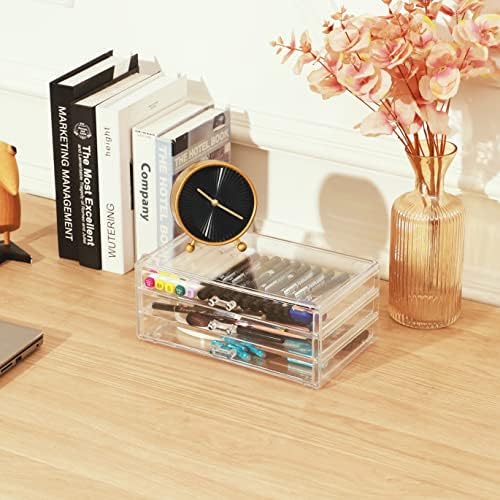 Cq acrylic Drawer Organizer with 3 Long Drawers,Stacking Office Supply Organizer and Desk Pen Storage and Stationary Org
