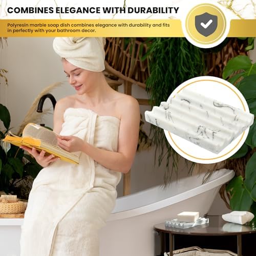 DAY1 Marble Soap Dish Tray – Bathroom Sink Soap Holder, Vanity Tray, Brush Organizer, Decorative Resin Dish for Kitchen,