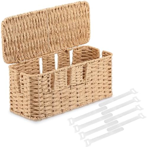 Cable Management Box Paper Rope Cord Basket with Lid 8 Open Slots