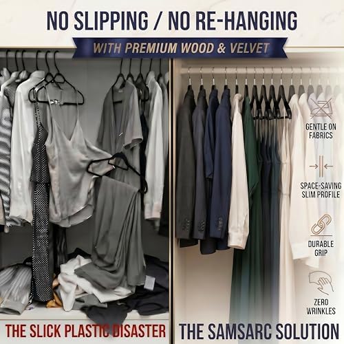 Wooden Hangers, 20 Pack, Non-Slip Velvet for Pants, Coats (Black)