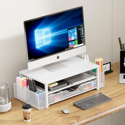OPNICE Desk Organizer and Accessories, 2-Tier Computer Monitor Stand Riser with Drawer and 2 Pen Holders, Laptop Stand, 