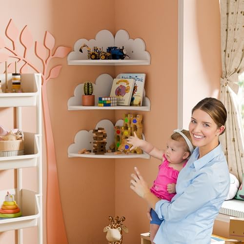 Solid Wood Cloud Floating Corner Shelves for Nursery, Set of 3 Cloud Shaped Wall Shelf, Cute Corner Shelves Wall Mounted