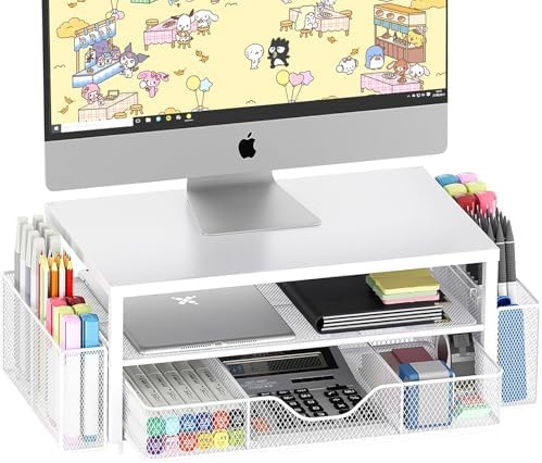 OPNICE Desk Organizer and Accessories, 2-Tier Computer Monitor Stand Riser with Drawer and 2 Pen Holders, Laptop Stand, 