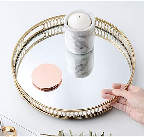Vintage Gold Mirror Tray,Round Shape(12.6in) Ornate Geometric Brass Plated and Glass Display Storage Organizer,Jewelry P