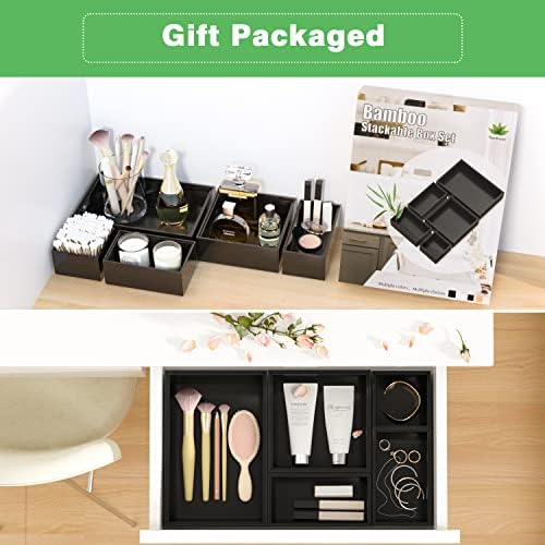 Black Bamboo Bathroom Drawer Organizer, Wooden Kitchen Utensil Holder Set of 5, Stackable Junk Drawer Organizer Tray, Mu