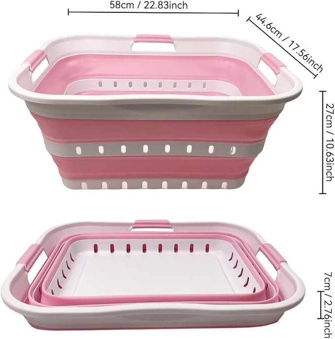 SAMMART 42 (11 Gallons) Collapsible Plastic Laundry Basket, Foldable Pop Up Storage Container/Organizer, Space Saving Hamper, Portable Bin for Dorm Room Bathroom (1, White/Cherry Pink)