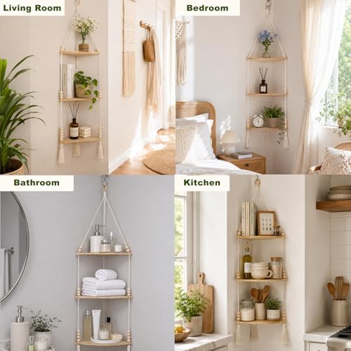 Artilady Macrame Corner Shelf Wall Hanging 3-Tier Adjust Boho Storage Decor