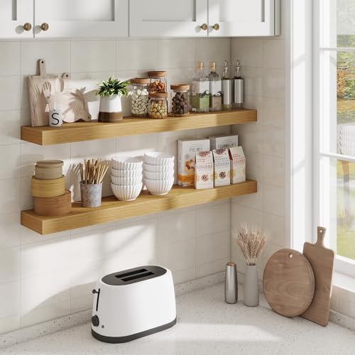 Fun Memories 40 Inch Floating Shelves, Long Wood Wall Shelf Set of 2 with Invisible Brackets, for Bathroom, Living Room,