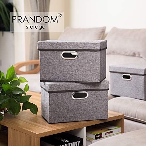 PRANDOM Collapsible Storage Containers with Lids [5-Pack] Linen Fabric Foldable Storage Bins Boxes Organizer Baskets Cub