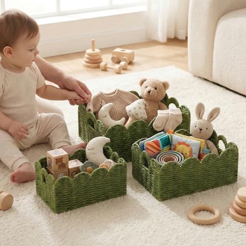 Scalloped Wicker Basket Set of 3, Hand-Woven Storage with Handles