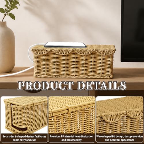 Handmade Rattan Cable Management Box, 2 Open Slots Cords Hider Box