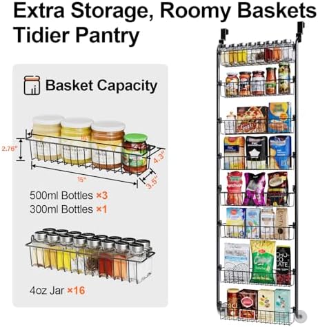 Delamu Over The Door Pantry Organizer, 8-Tier Pantry Door Organizers and Storage, Metal Hanging Spice Rack, Seasoning Or