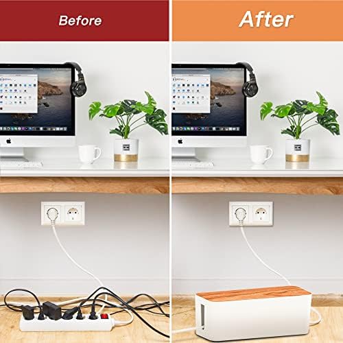 Cable Management Box 2 Pack with 16 Cable Clips Set-Large & Medium & Small Wooden Style Cable Organizer Box to Hide Wire