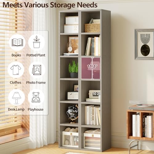 ALISENED 68.5" Tall Narrow Bookshelf, 6 Shelf Wooden Corner Bookcase, Modern Skinny Cubes Storage Organizer Display Shel