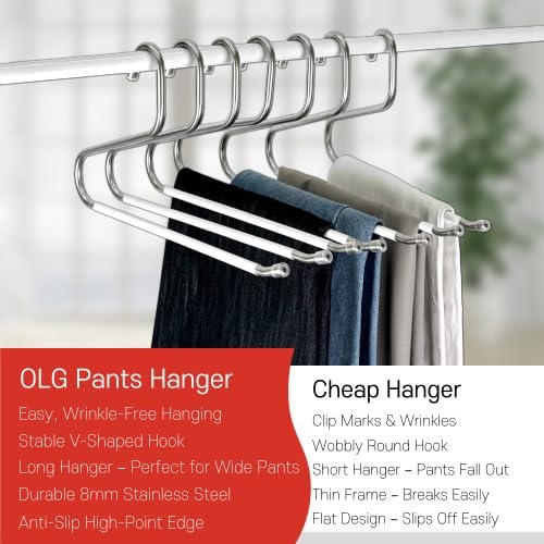 OLG 8mm Stainless Pants Hanger with V Hook and Reverse S, Non-Slip for Men Women -Heavy-Duty Trouser and Jeans Closet Organizer, Ganchos para Pantalones (10, Gray)