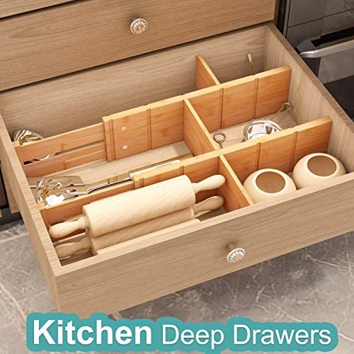 4.4" High Bamboo Drawer Dividers with Inserts, Kitchen Adjustable Drawer Organizers, Expandable Organization for Home, O