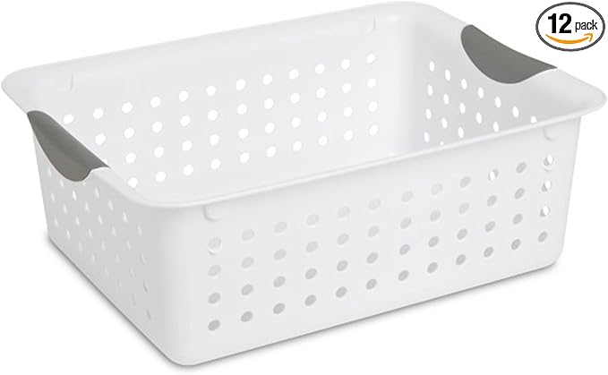 Sterilite 12-Pack Medium Ultra Basket, Open Top Plastic Storage Organizer, White - Classic Baskets for Organizing Countertops, Pantry Shelves, Kitchen Cabinets, Laundry Rooms or Home Offices