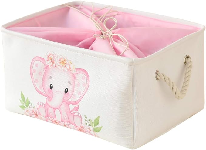 Large Nursery Elephant Baby Basket for Shower Gift - Pink Girl Gift Bag, Collapsible and Empty - Decor for Kidsroom, Nursery, Play Room (Large)
