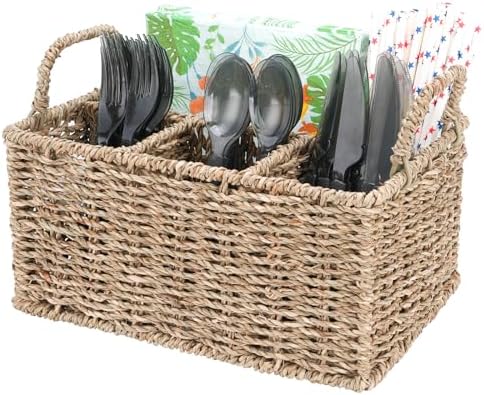Wicker Party Silverware Caddy, Seagrass Plastic Cutlery Utensil Holder, Hand Woven with Handles, Kitchen Countertop and 